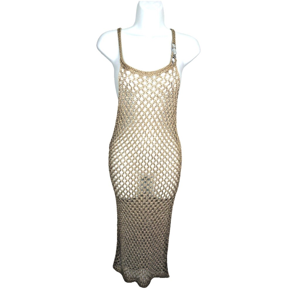 Blugirl Blumarine Beach Wear Gold Crochet Net Rhinestone Midi Dress Cover Up 6